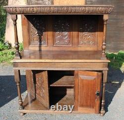1900's Large Carved Oak Buffet Sideboard. One Piece