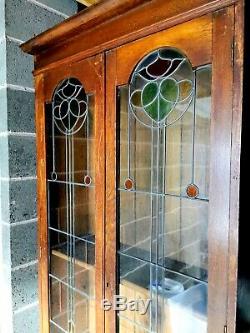 1920, S Antique Bookcase Light Oak Stained Glass Doors Drawers Large