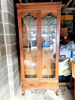 1920, S Antique Bookcase Light Oak Stained Glass Doors Drawers Large