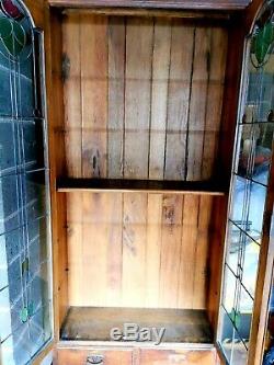 1920, S Antique Bookcase Light Oak Stained Glass Doors Drawers Large