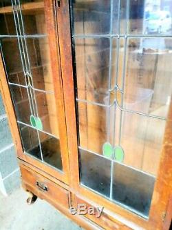 1920, S Antique Bookcase Light Oak Stained Glass Doors Drawers Large