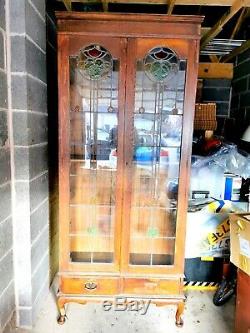 1920, S Antique Bookcase Light Oak Stained Glass Doors Drawers Large