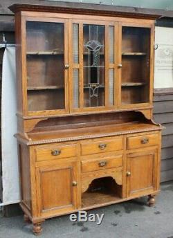 1920's Large Oak Original Dresser with Cupboards and Drawers. Lead Glass in Door