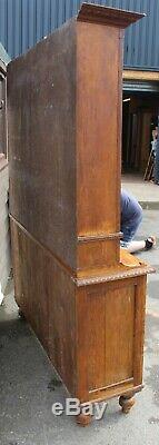 1920's Large Oak Original Dresser with Cupboards and Drawers. Lead Glass in Door