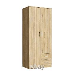 2 Door Tall Wardrobe Matt Oak Wooden Large Storage with Hanging Rail & Drawers