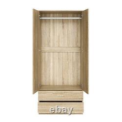 2 Door Wardrobe Matt Oak Tall Cupboard Large Storage with Hanging Rail & Drawers