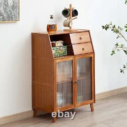 2 Drawers 2 Storage Door Shelves Open Space Large Sideboard Bamboo Wood Cabinet