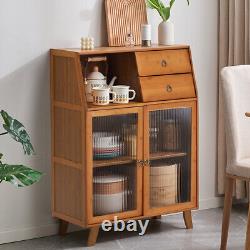 2 Drawers 2 Storage Door Shelves Open Space Large Sideboard Bamboo Wood Cabinet