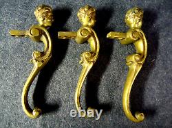 3 Antique Large Solid Brass 6 Figural Drawer or Door Pulls