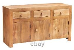 3 Drawers & 3 Cupboard Solid Mango Light Wood Large Storage Sideboard Furniture