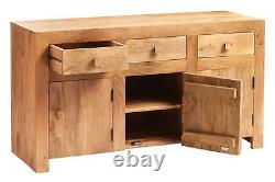 3 Drawers & 3 Cupboard Solid Mango Light Wood Large Storage Sideboard Furniture