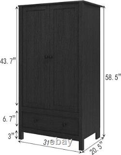 3x Bedroom Black 2 Door 1 Drawer Wardrobe with Hanging Rail Large Storage