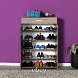 4 Adjustable Shelves Light Latte Oak Shoe Storage Cabinet 1 Drawer 2 Door