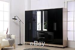 4 door, 3 drawer mirror large fitment bedroom wardrobe High Gloss Black