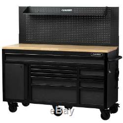 61 in. W 23 in. D 10-Drawer 1-Door Mobile Workbench with Solid Wood Top and Flip