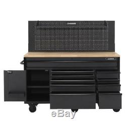 61 in. W 23 in. D 10-Drawer 1-Door Mobile Workbench with Solid Wood Top and Flip