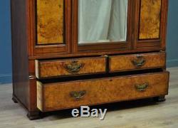 Antique Large Victorian Carved Burr Walnut Mirror Door Wardrobe With Drawer Base