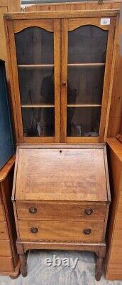 BOOKCASE Oak Bureau Display Cabinet Glass Doors Drawer Shelves Uk Delivery