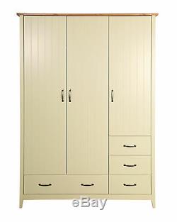 Balham Cream Painted Large 3 Door 4 Drawer Triple Wardrobe with Oak Style Top