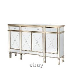 Beaumont Mirrored -Golden Trims 3 Drawer 4 Door Large Storage Sideboard Cabinet