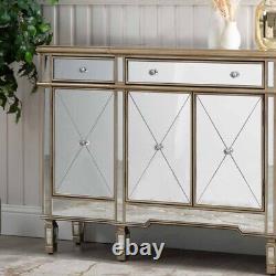 Beaumont Mirrored -Golden Trims 3 Drawer 4 Door Large Storage Sideboard Cabinet