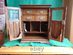 Beautiful Large Antique C-1920 Oak Smokers Cabinet, Glass Doors, Drawers & Key