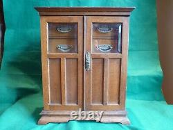 Beautiful Large Antique C-1920 Oak Smokers Cabinet, Glass Doors, Drawers & Key