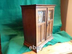 Beautiful Large Antique C-1920 Oak Smokers Cabinet, Glass Doors, Drawers & Key