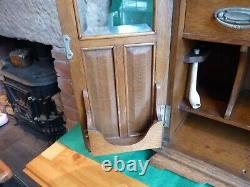 Beautiful Large Antique C-1920 Oak Smokers Cabinet, Glass Doors, Drawers & Key