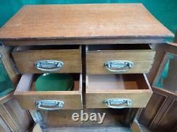 Beautiful Large Antique C-1920 Oak Smokers Cabinet, Glass Doors, Drawers & Key