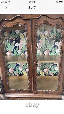 Beautiful Large Dark Wood Glass Door Cabinet, With 1 Shelf And 3 Drawers