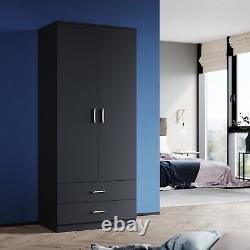 Black 2 Door Wardrobe with 2 Drawers Hanging Rail Large Storage Bedroom Cupboard