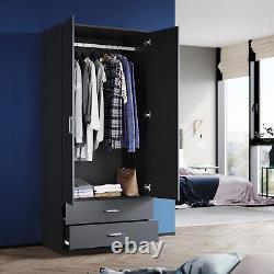 Black 2 Door Wardrobe with 2 Drawers Hanging Rail Large Storage Bedroom Cupboard