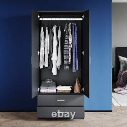 Black 2 Door Wardrobe with 2 Drawers Hanging Rail Large Storage Bedroom Cupboard