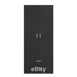 Black 2 Door Wardrobe with 2 Drawers Hanging Rail Large Storage Bedroom Cupboard