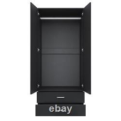 Black 2 Door Wardrobe with 2 Drawers Hanging Rail Large Storage Bedroom Cupboard