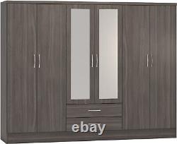 Black Grain Wardrobe 6 Door & 2 Drawer Mirrored Gloss Quad Triple Large Wardrobe