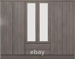 Black Grain Wardrobe 6 Door & 2 Drawer Mirrored Gloss Quad Triple Large Wardrobe