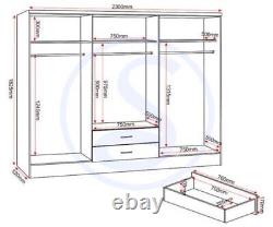 Black Grain Wardrobe 6 Door & 2 Drawer Mirrored Gloss Quad Triple Large Wardrobe