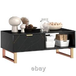 Black Marble Effect Coffee Table Drawer Open Shelf Golden Legs Fluted Door Large