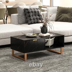 Black Marble Effect Coffee Table Drawer Open Shelf Golden Legs Fluted Door Large