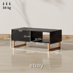 Black Marble Effect Coffee Table Drawer Open Shelf Golden Legs Fluted Door Large