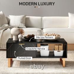 Black Marble Effect Coffee Table Drawer Open Shelf Golden Legs Fluted Door Large