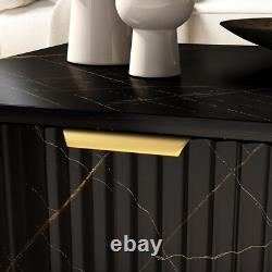 Black Marble Effect Coffee Table Drawer Open Shelf Golden Legs Fluted Door Large