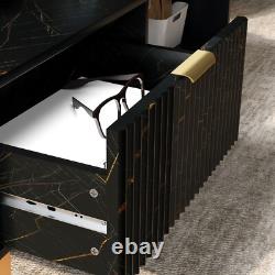 Black Marble Effect Coffee Table Drawer Open Shelf Golden Legs Fluted Door Large
