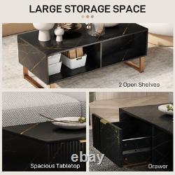 Black Marble Effect Coffee Table Drawer Open Shelf Golden Legs Fluted Door Large