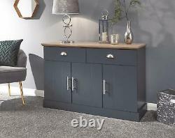 Blue Slate Large Sideboard 3 Door 2 Drawer Storage Metal Cup Handles Oak Top