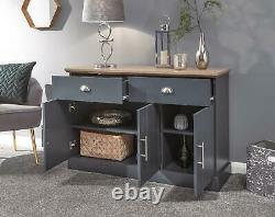 Blue Slate Large Sideboard 3 Door 2 Drawer Storage Metal Cup Handles Oak Top