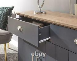 Blue Slate Large Sideboard 3 Door 2 Drawer Storage Metal Cup Handles Oak Top