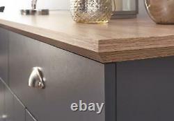 Blue Slate Large Sideboard 3 Door 2 Drawer Storage Metal Cup Handles Oak Top